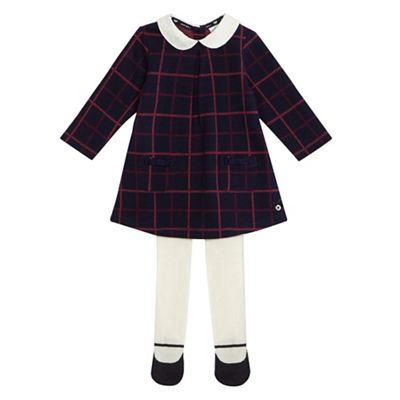 Baby girls' navy and pink checked dress with tights